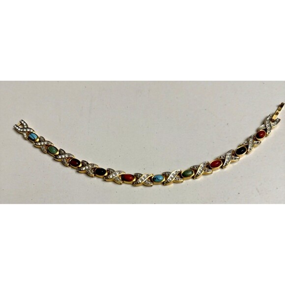 Vintage Goldtone Multi-Stone Link Bracelet – Fold Over Clasp - Picture 5 of 13